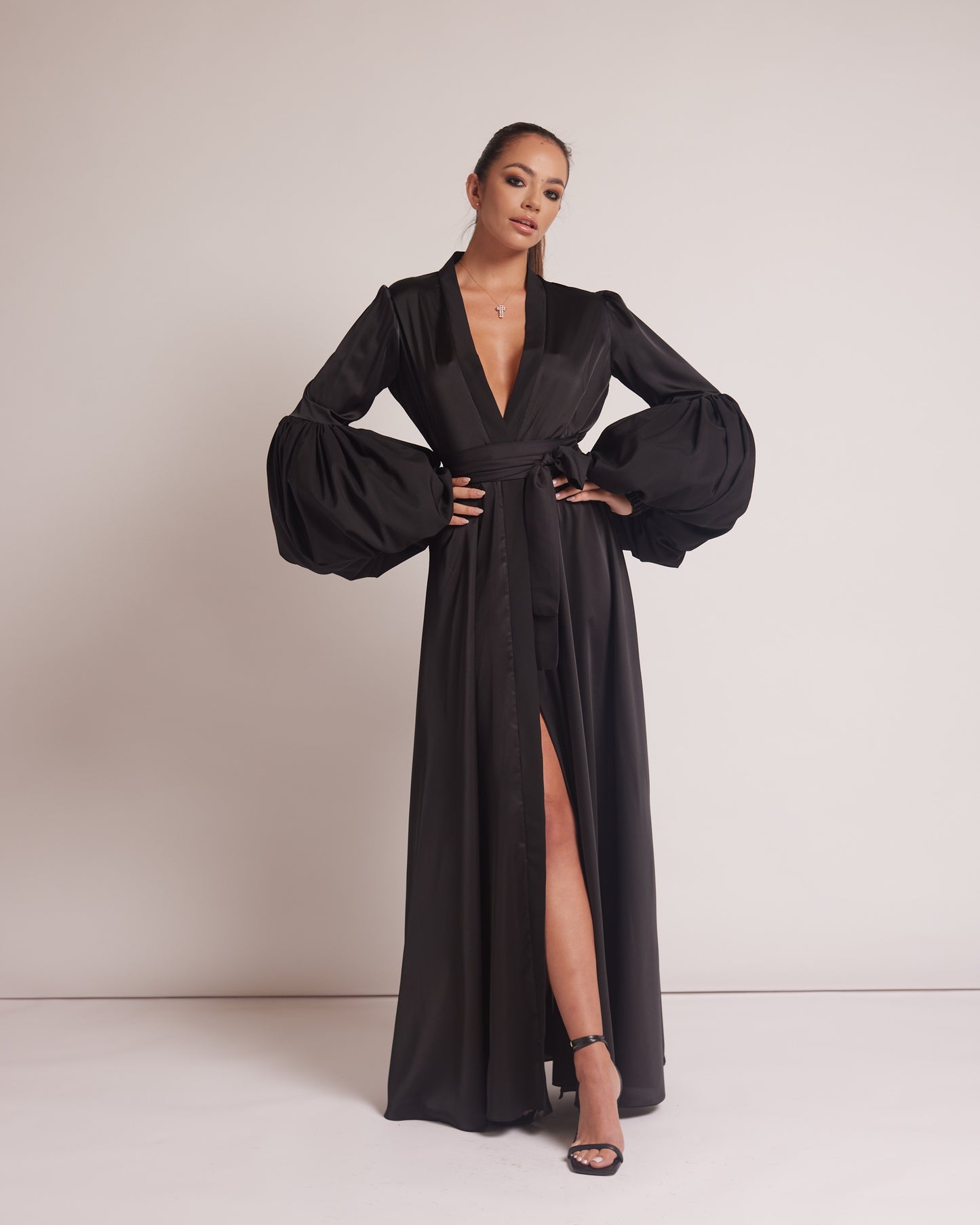 Black Silky Satin Kimono Dress