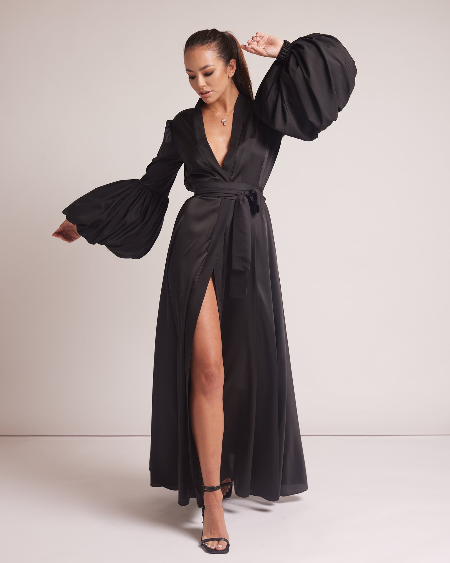 Black Silky Satin Kimono Dress