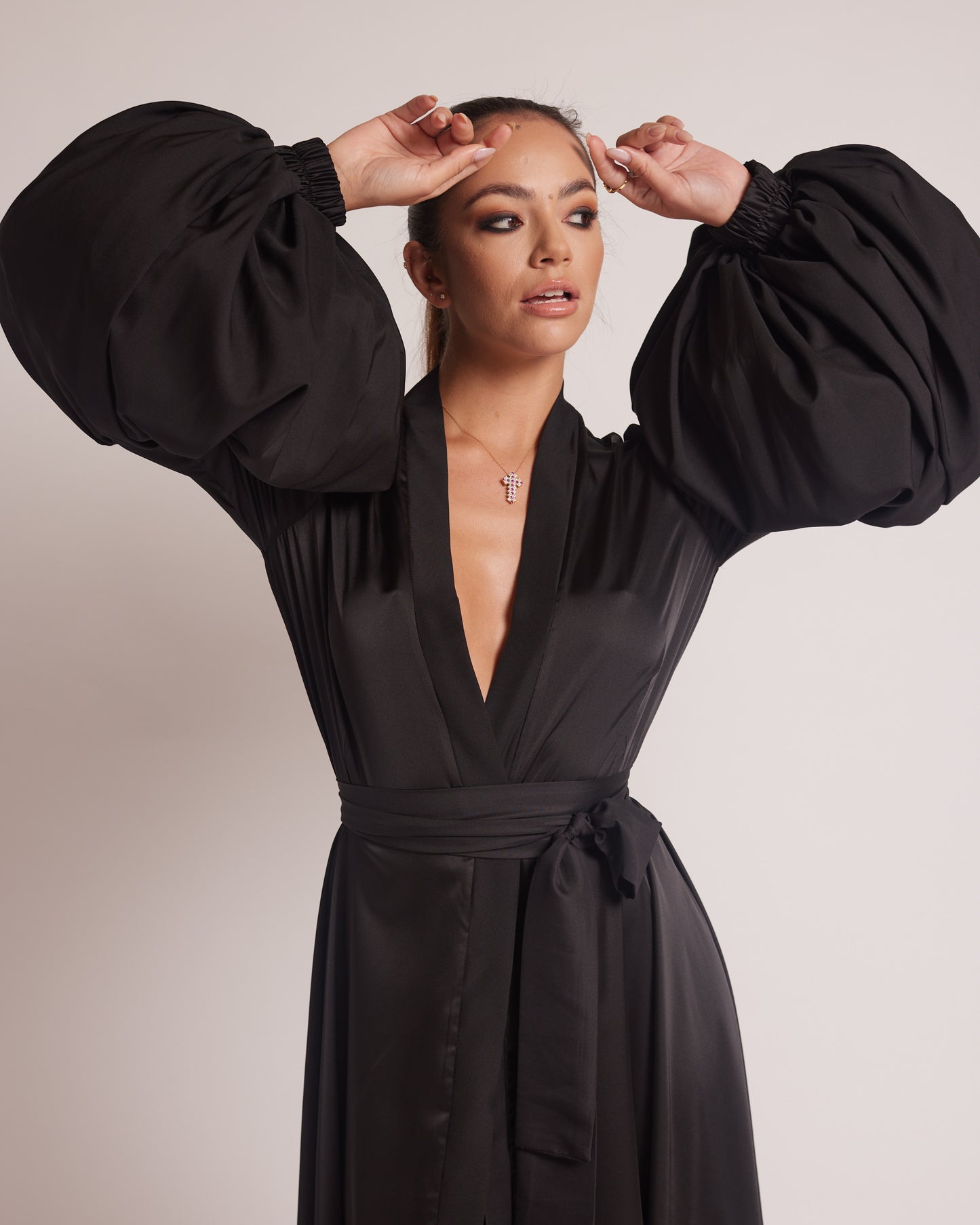 Black Silky Satin Kimono Dress