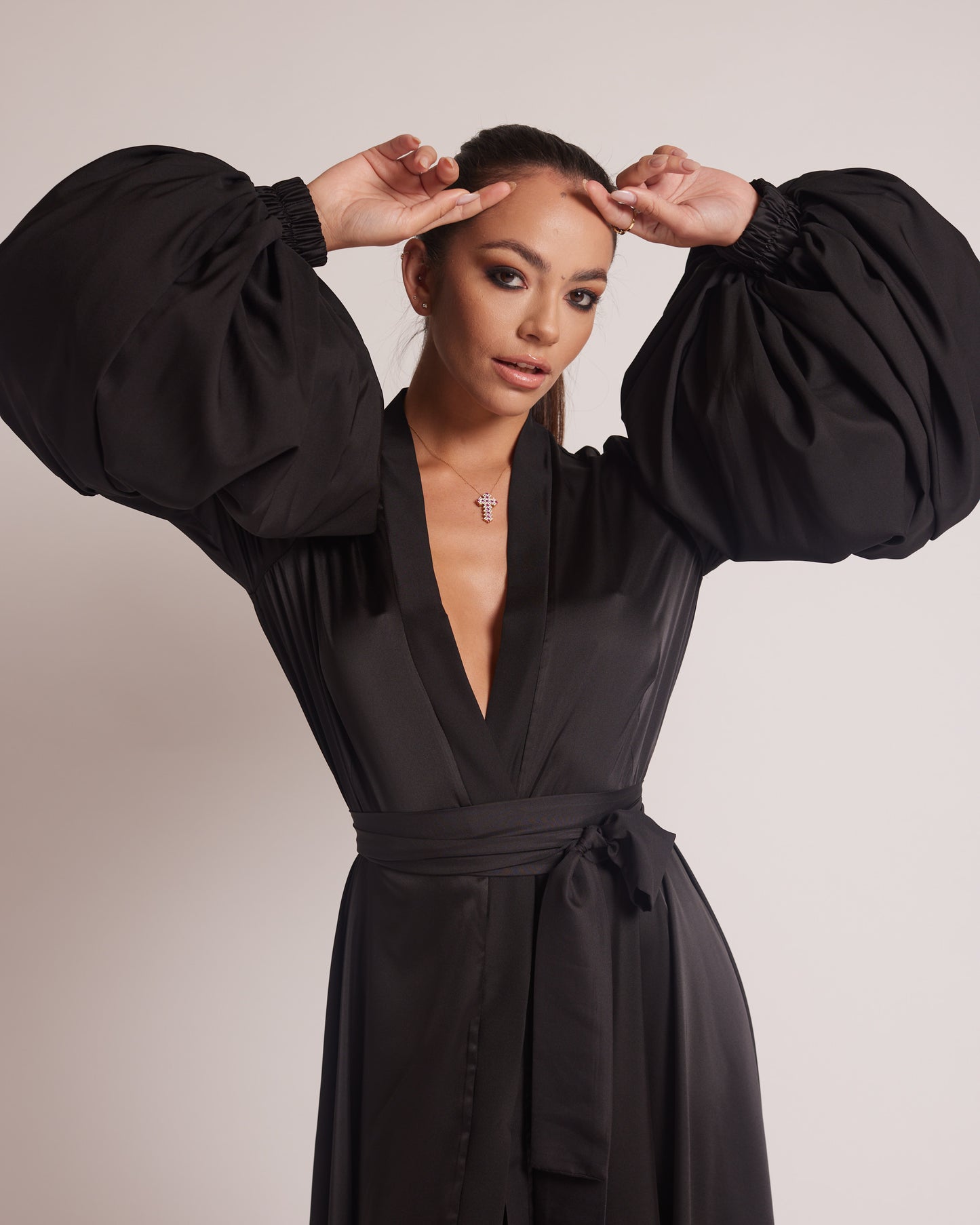 Black Silky Satin Kimono Dress