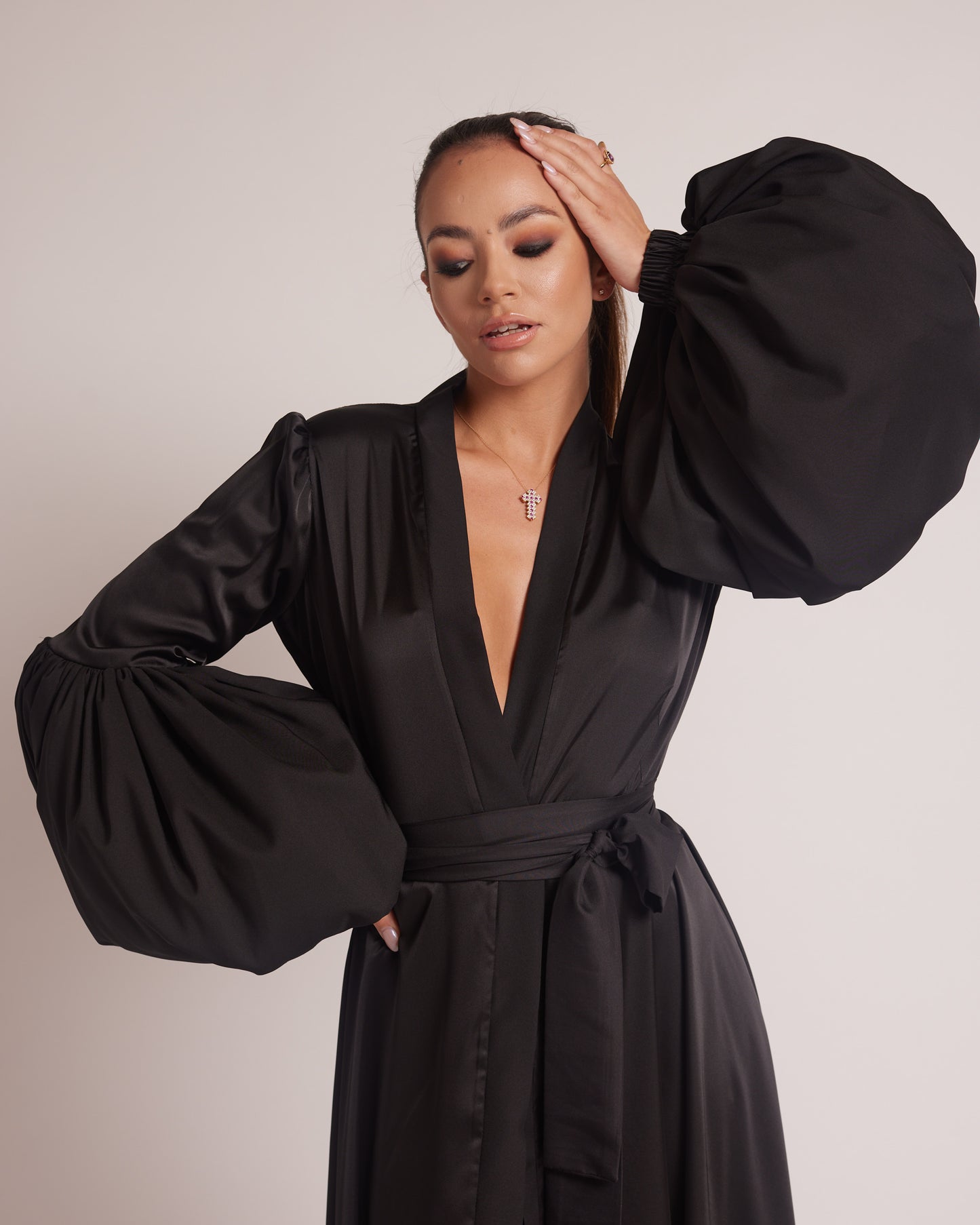 Black Silky Satin Kimono Dress
