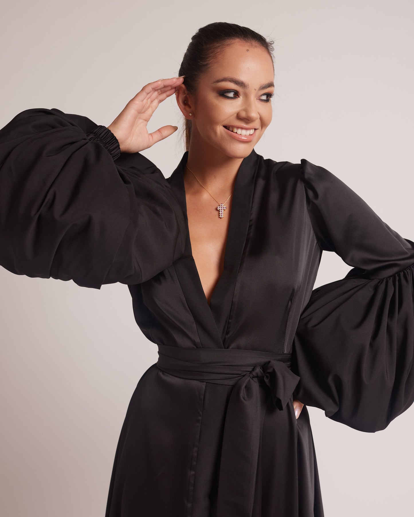 Black Silky Satin Kimono Dress