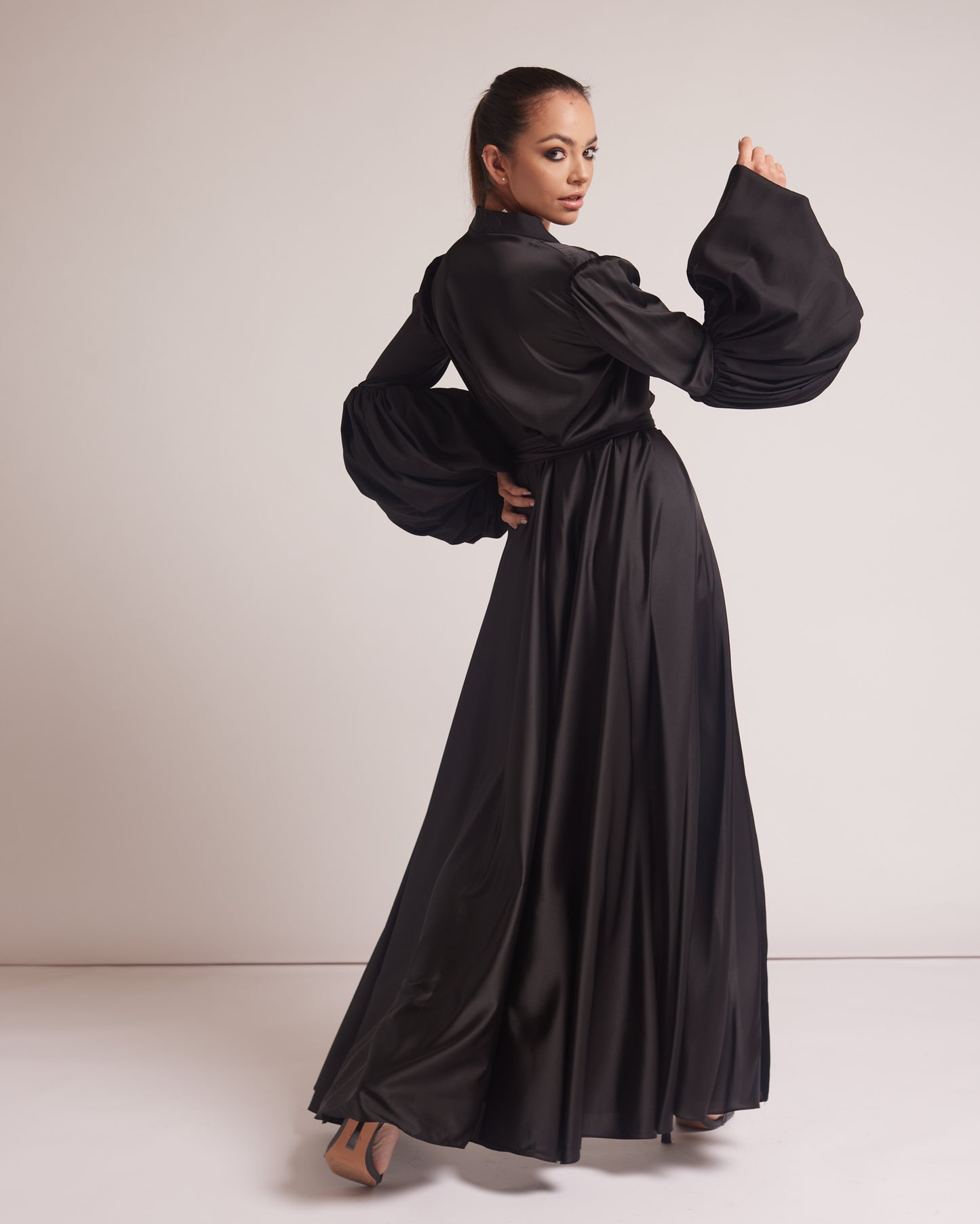 Black Silky Satin Kimono Dress
