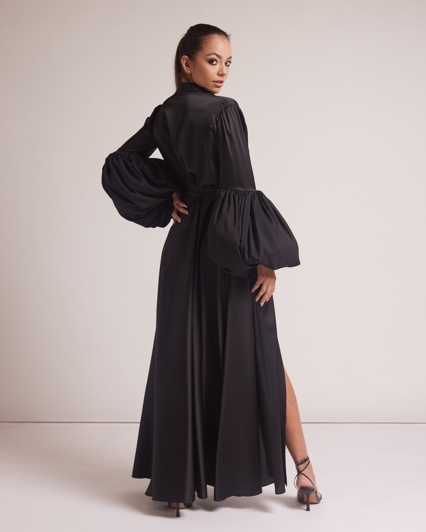 Black Silky Satin Kimono Dress