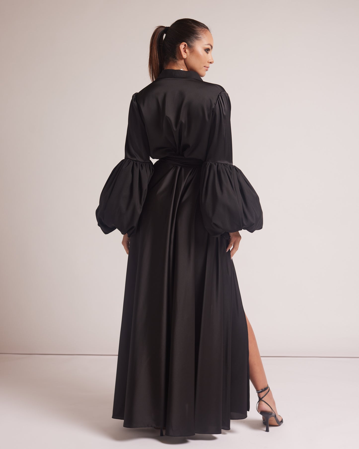Black Silky Satin Kimono Dress