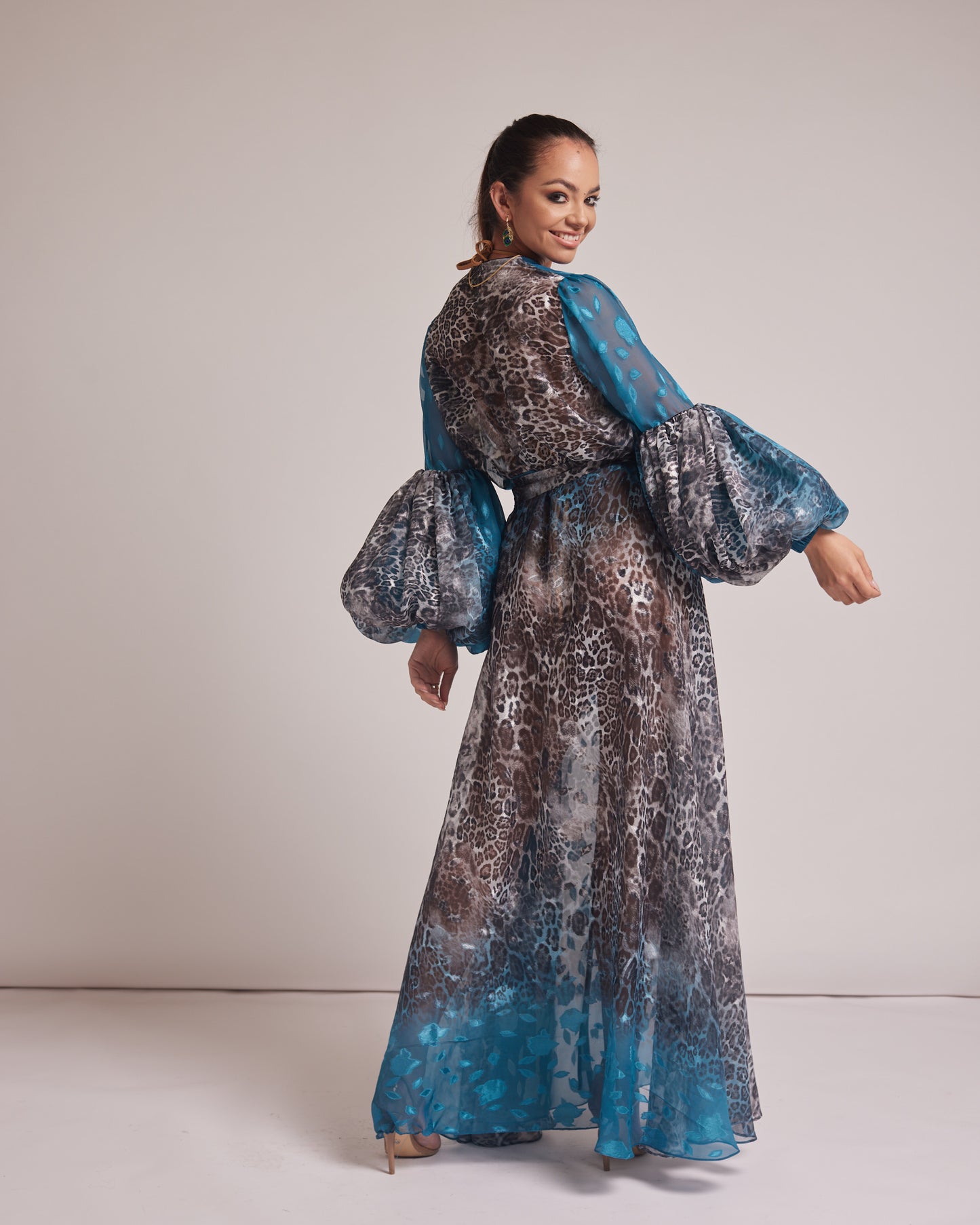 Blue Leopard Print Wrap Dress Kimono