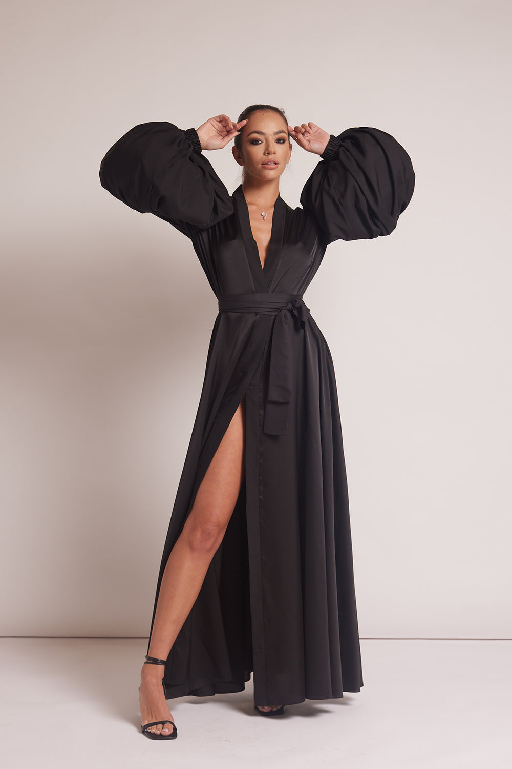 Black Silky Satin Kimono Dress