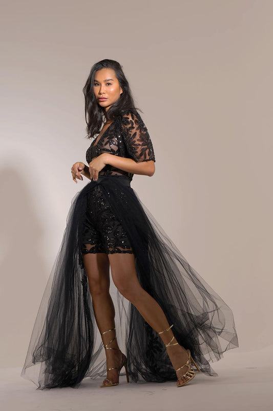 Full Embroidered Sequins Jumpsuit with Detachable Tulle Overskirt