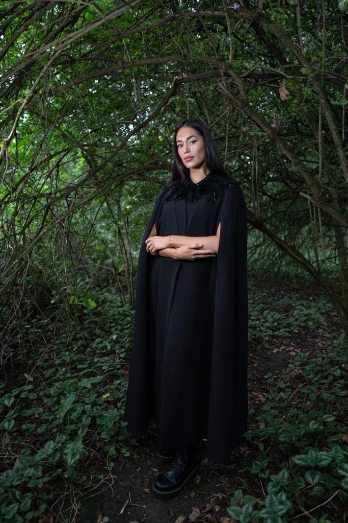 Long Black Crepe Cape