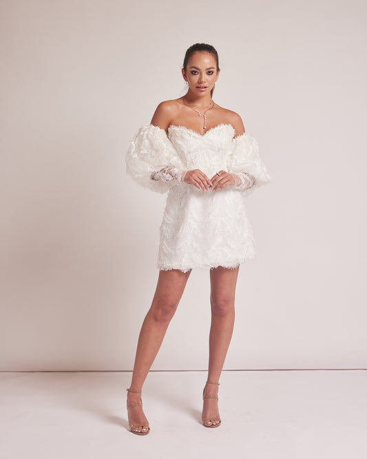 White Feathered Strapless Dress and Separate sleeves