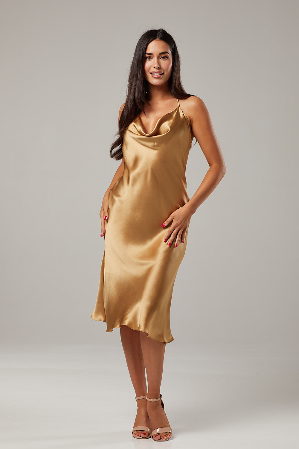 Honey-Gold Satin Silk Midi Dress
