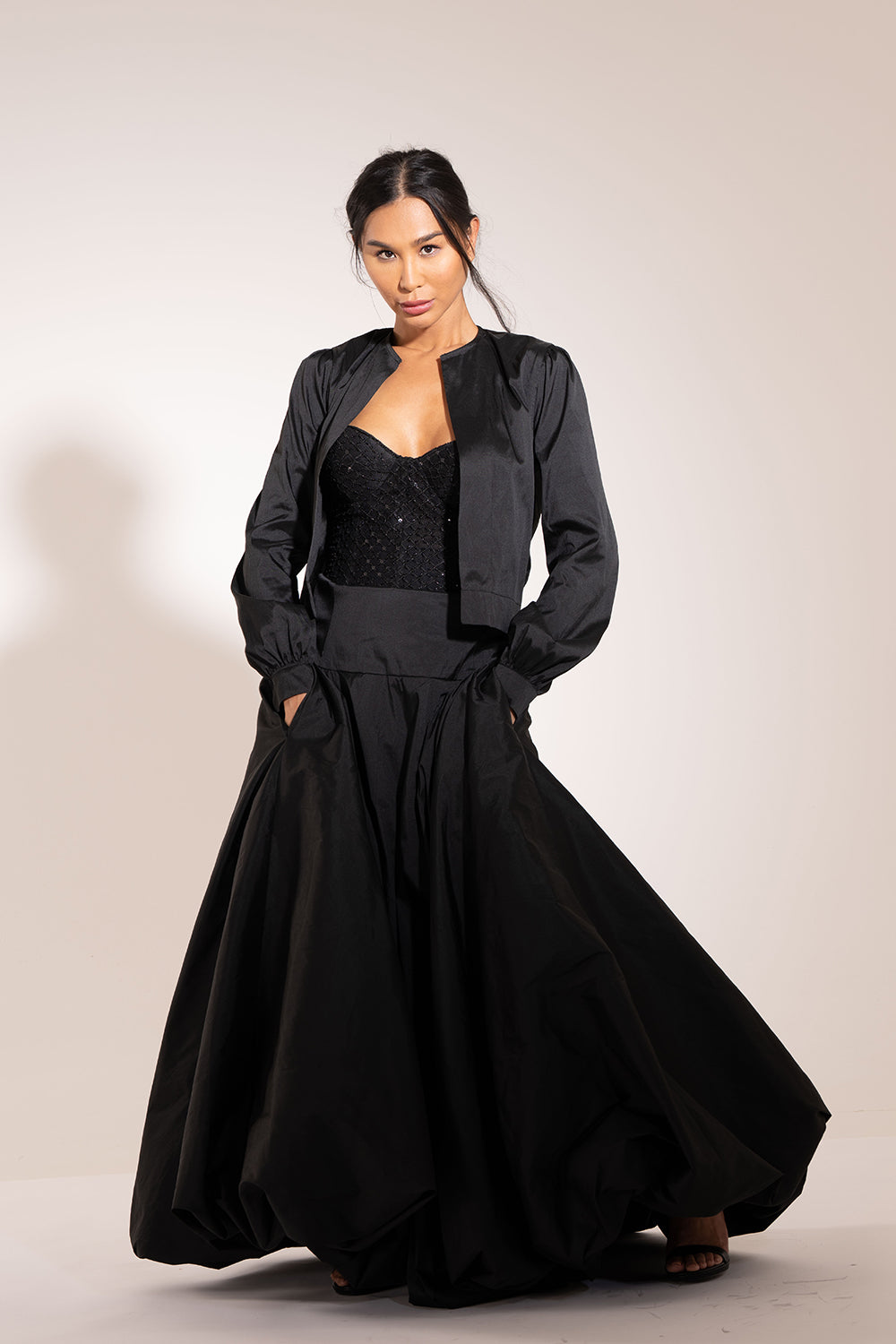 Long black taffeta evening hot sale skirt