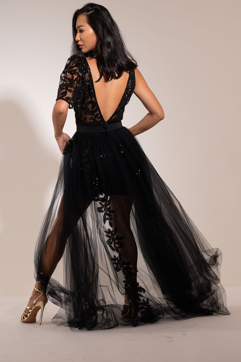 Full Embroidered Sequins Jumpsuit with Detachable Tulle Overskirt